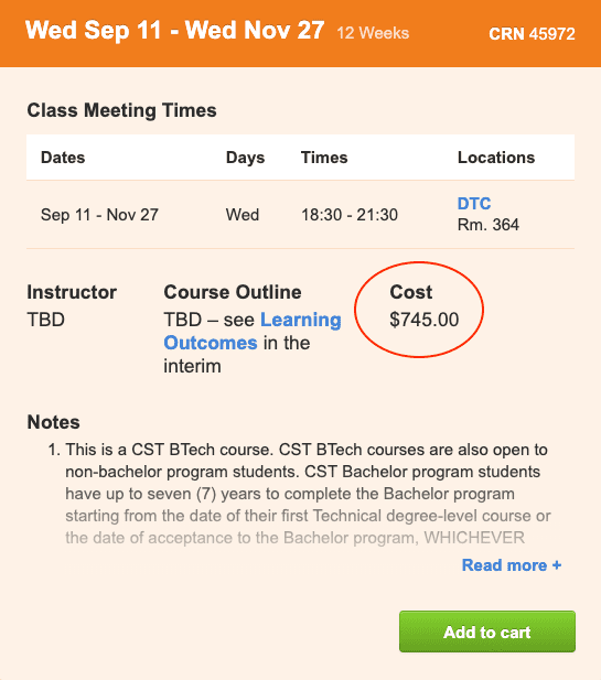 part time course fee example