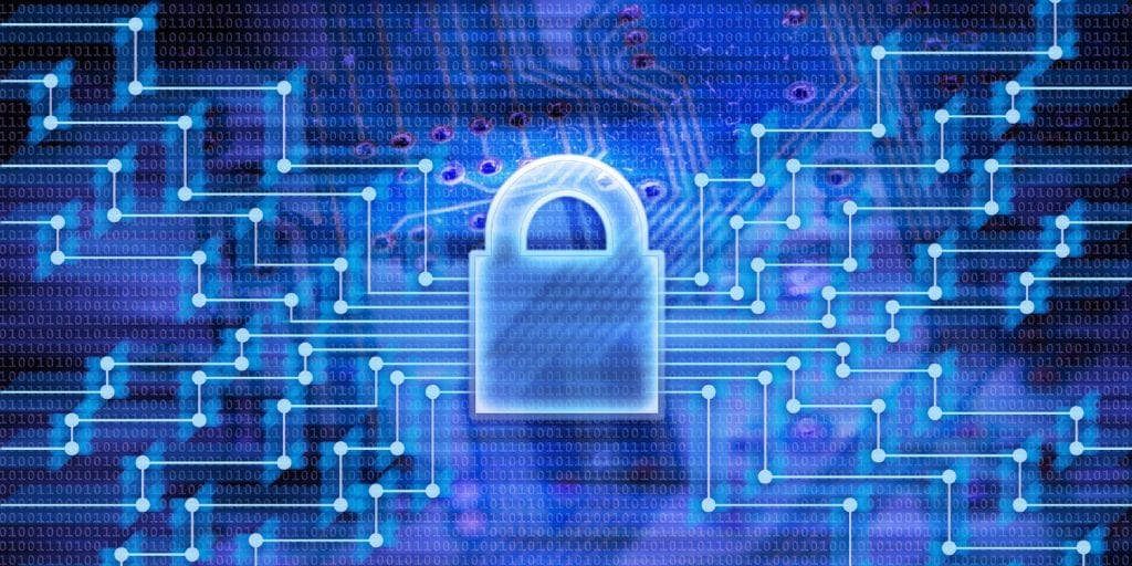 banner with padlock on blue background with binary characters.