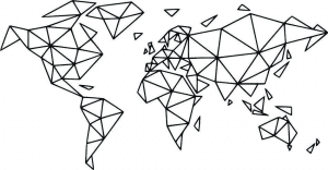 drawing of a geometric world map black on white background.
