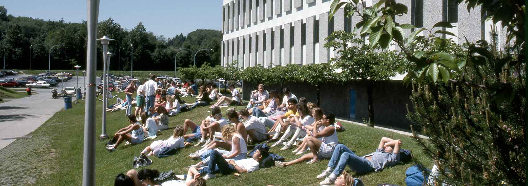 Students lying on a grassy hill on campus on a sunny day.