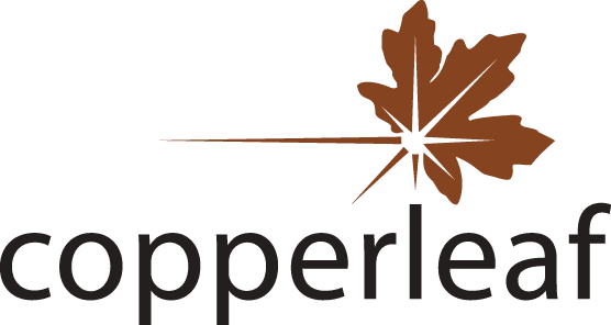 Copperleaf logo, which as a copper-coloured stylized maple leaf above the company name in black text
