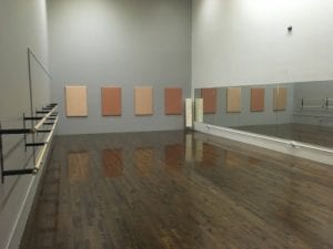 This is a 40 by 20 foot room for yoga with full length mirror on one wall, hardwood dark flooring and railings on one wall.