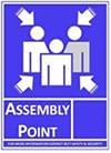 Logo Assembly point arrows pointing inward to 3 people outlines.