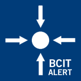 logo BCIT Alert four arrows pointing to a white dot in middle.