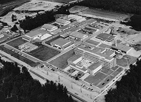 Black and white aerial photo of BCIT.