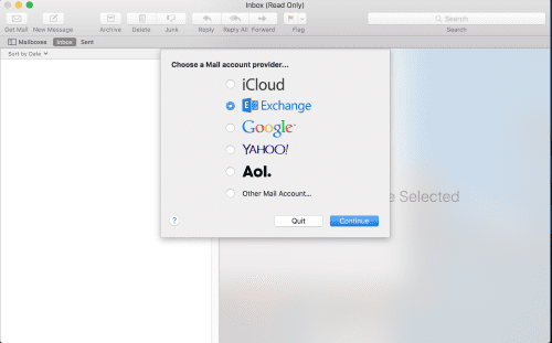 screen shot snippets of setting up Exchange