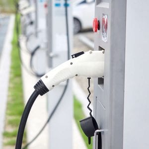 row of electric vehicle charging stations