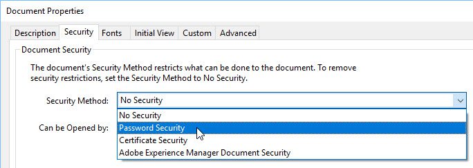 Menu to set security settings.
