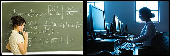 Woman standing in front of a chalkboard with equations, and another woman seated at a computer.