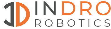 Indro robotics logo black and orange text on white background.