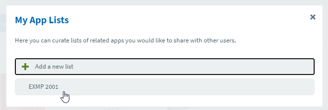 screen capture of "My App Lists" pop-up, with the mouse cursor hovering over the single item in the list