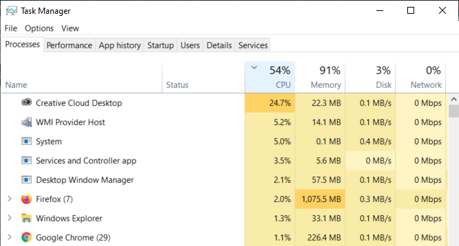 Screen capture of the task manager processes tab, sorted by CPU, showing that Adobe Creative Cloud is using 24% of CPU resources