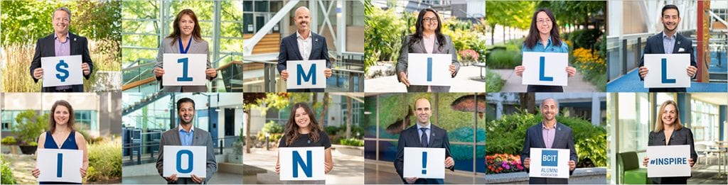 12 BCIT Alumni Association Board members holding $1 million sign