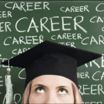 girl wearing graduation cap in front of a chalkboard with the word "career" written all over it
