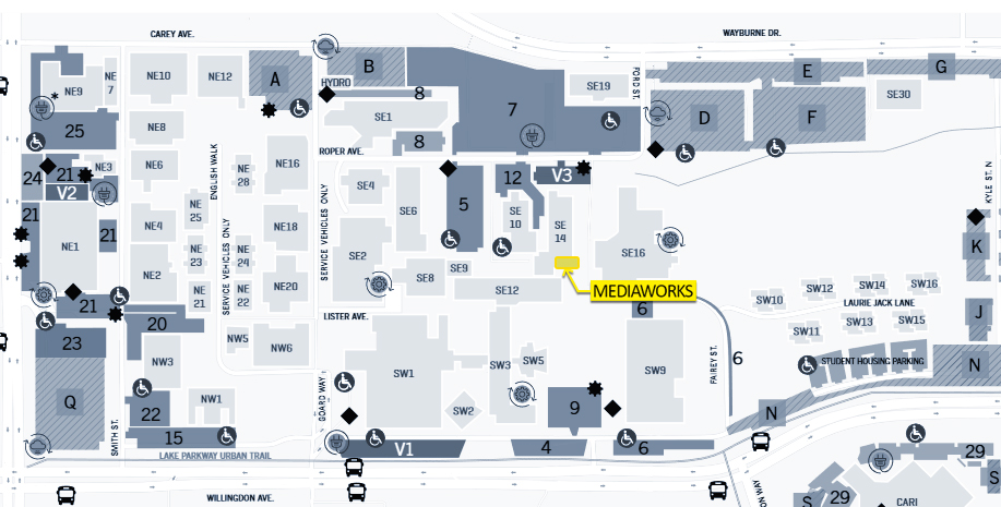 Map indicating the location of MediaWorks on the BCIT Burnaby Campus