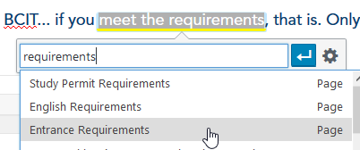 link tool, showing search results when the user types requirements