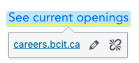 a current link in the WordPress editor, selected and showing the link tools