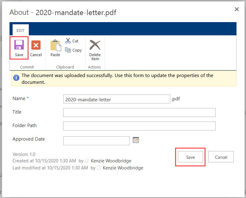 file upload dialog with the two save buttons outlined in red