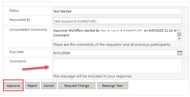 approval screen with a red arrow pointing to the comment field and the Approve button marked with a red square