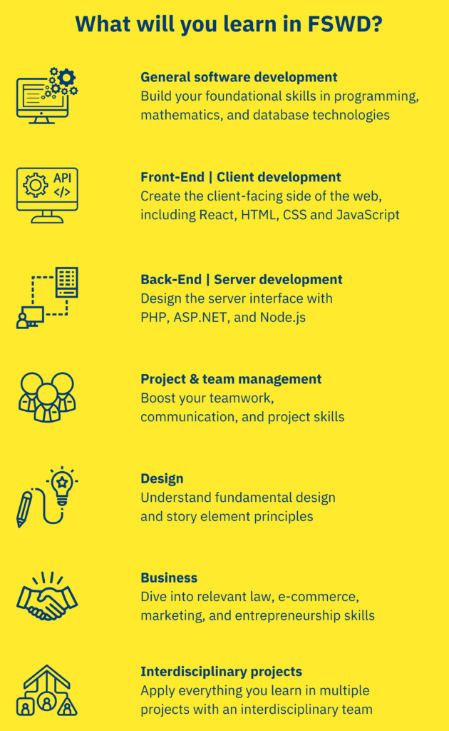 General software development Build your foundational skills in programming, mathematics, and database technologies Front-End | Client development Create the client-facing side of the web, including React, HTML, CSS and JavaScript Back-End | Server development Design the server interface with PHP, ASP.NET, and Node.js Project & team management Boost your teamwork, communication, and project skills Design Understand fundamental design and story element principles Business Dive into relevant law, e-commerce, marketing, and entrepreneurship skills Interdisciplinary projects Apply everything you learn in multiple projects with an interdisciplinary team