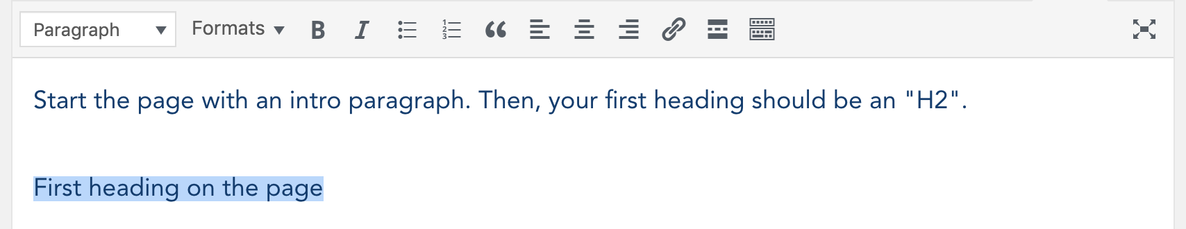 content editor in WordPress with heading text highlighted