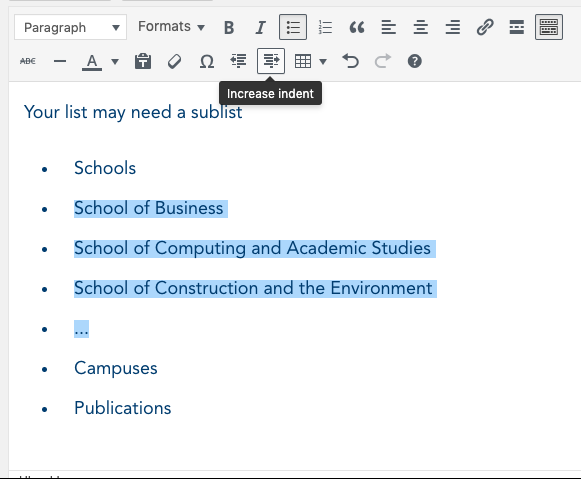 WordPress editor showing a list with a subset of the items highlighted and the cursor hoveirng over the increase indent tool in the toolbar