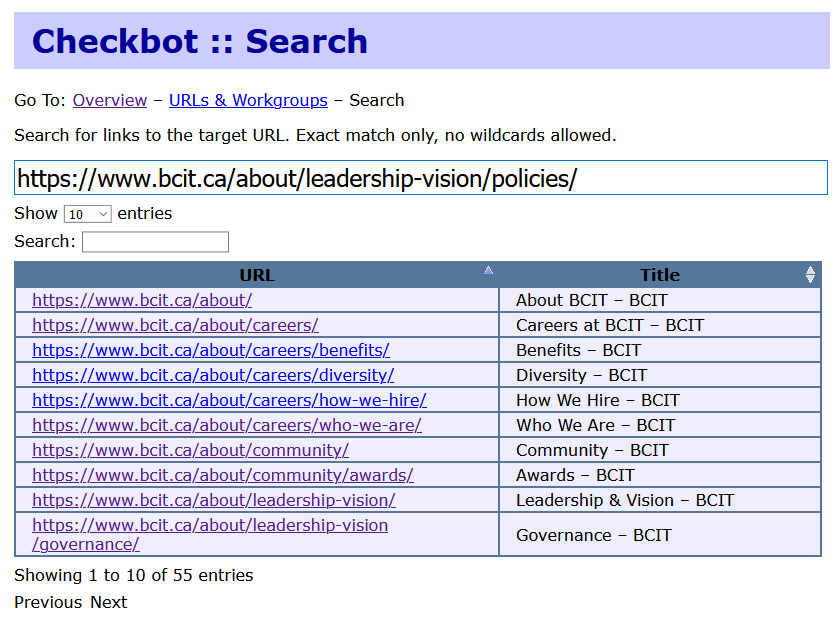 Checkbot search results for the URL of the BCIT policies page (55 results)
