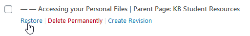 The listing for a deleted page with the cursor hovering over the Restore link