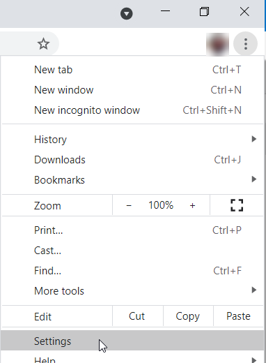 Chrome menu with the mouse cursor hovering over Settings