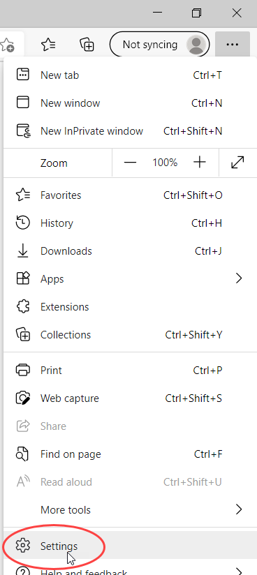 Edge menu with Settings (near the bottom) circled in red