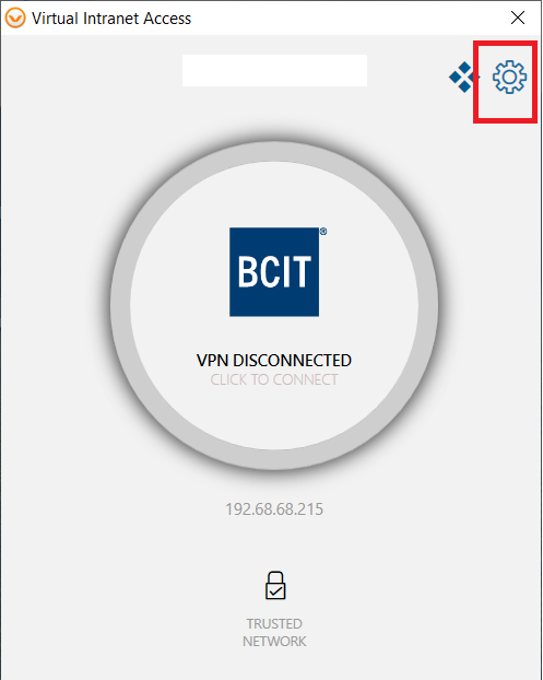 myVPN window, with the BCIT logo in a grey circle in the middle