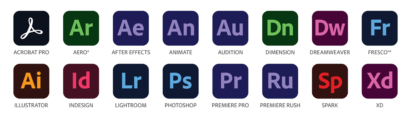 Adobe Creative Cloud apps: Acrobat Pro, Aero, After Effects, Animate, Audition, Dimension, Dreamweaver, Fresco, Illustrator, InDesign, Lightroom, Photoshop, Premiere Pro, Premiere Rush, Spark, Xd.