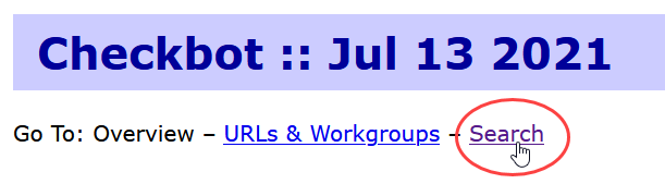 Checkbot report summary page header with the Search link circled in red