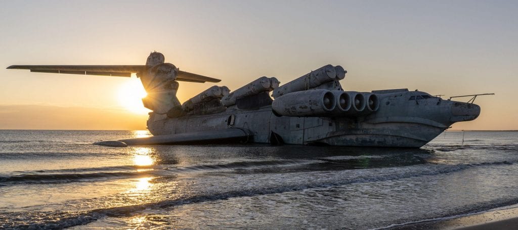 These jaw-dropping aerial and internal shots taken by photo-reporter Lana Sator showsecret Russian seaplane bigger than a jumbo jet now beached as a 'museum' in Derbent, Russian FederationA top-secret Russian seaplane, which never really got off the gro