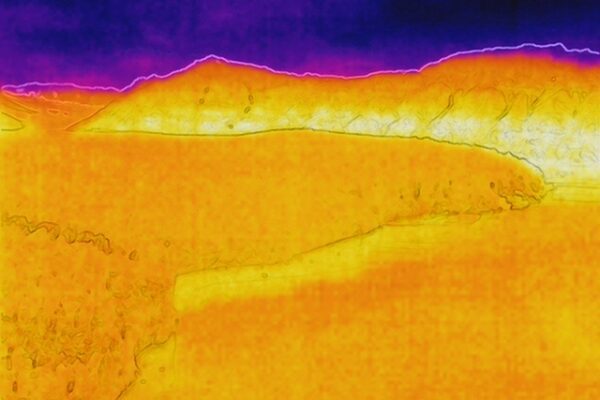Blue and yellow thermal image of glacier