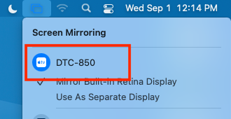 Screen mirroring contextual menu showing the currently connected Apple TV marked by a red rectangle