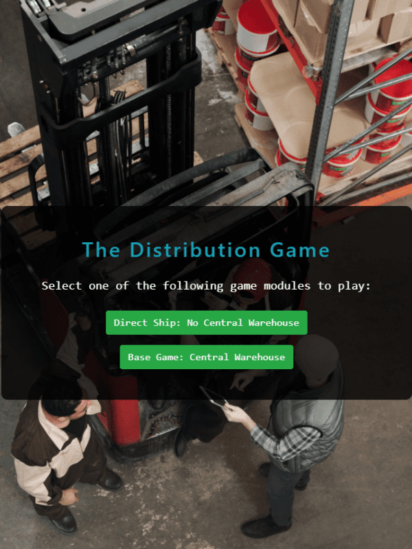 Opening frame of game: a warehouse in the background with two men having a discussion