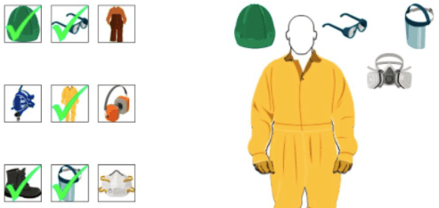 A diagram of a man in workclothes and checkboxes indicating possible PPE items for the user to select