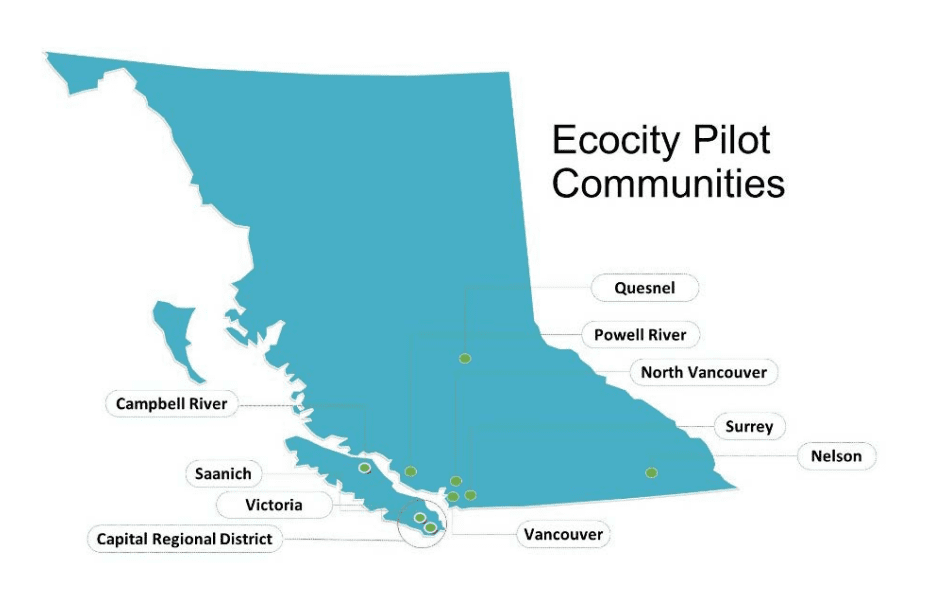 A map of BC highlighting the cities participating in the Ecocity pilot project.