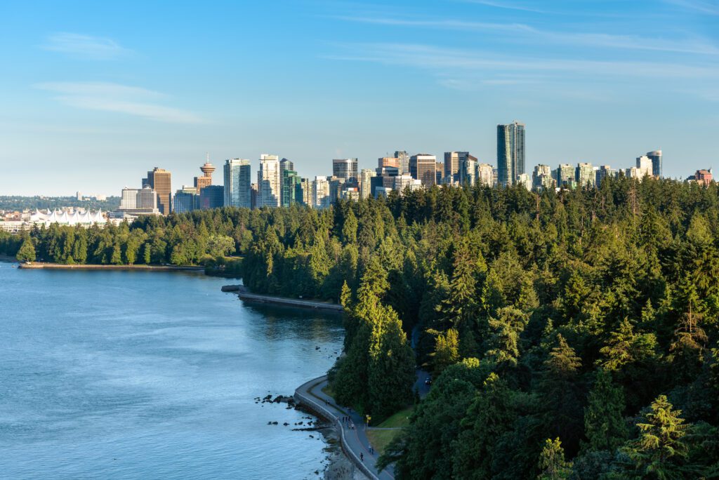 View of Vancouver Skyline with Stanley park in Foreground.