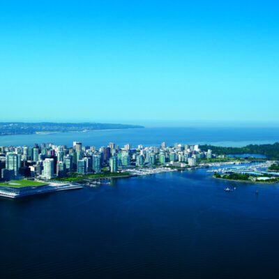 Aerial view of Vancouver Convention Centre and downtown Vancouver looking west.