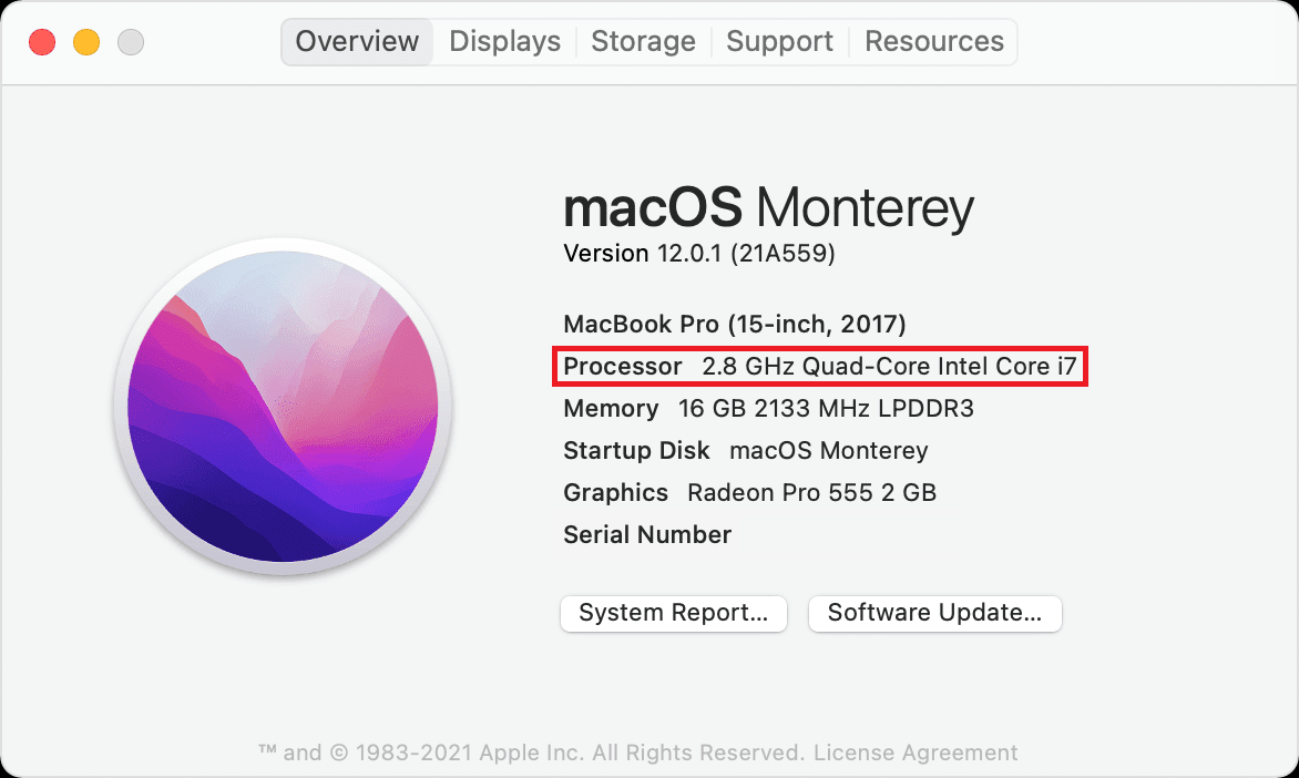 About this Mac Overview showing Processor 2.8 GHz Quad-Core Intel Core i7 marked by a red rectangle