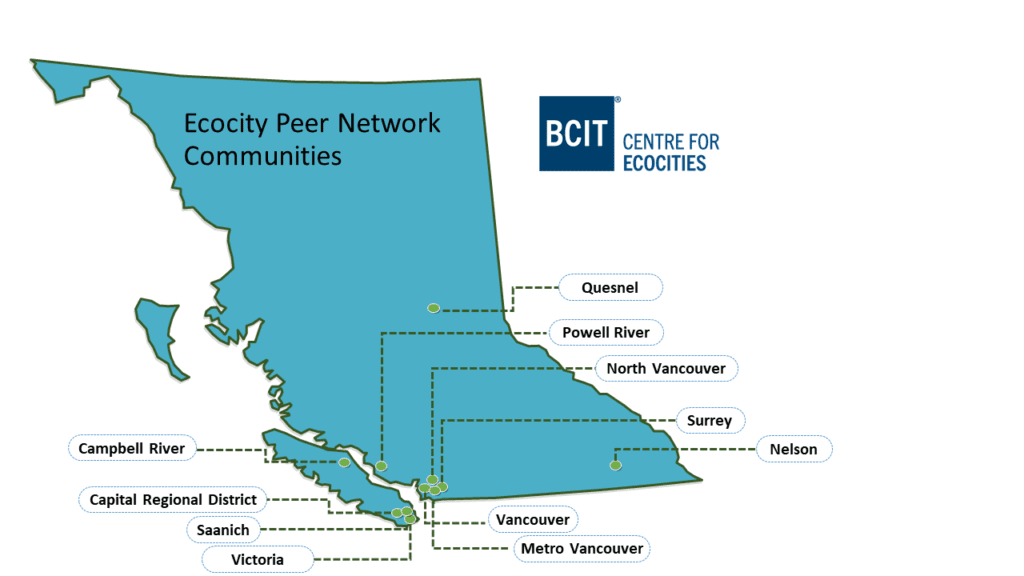Map that indicates Ecocity Peer Network Partner communities; Campbell River, Capital Regional District, Saanich, Victoria, Metro Vancouver, City of Vancouver, Nelson, Surrey, North Vancouver, Powell River, Quesnel
