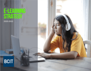 Photo of young woman sitting in front of a laptop wearing headphones with text overlay reading e-learning strategy 2020-2022