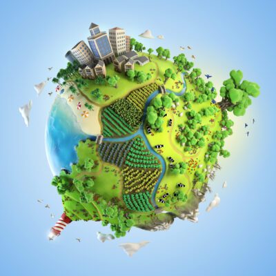 3D illustration of the earth showing a green, peaceful and idyllic life style in the world in a cartoon fantasy style.