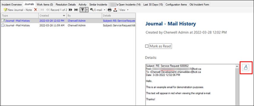 Screenshot View of Cherwell Journal Mail History