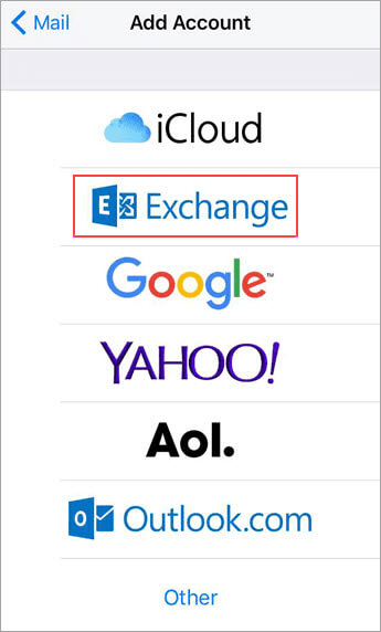 Add account dialogue in iOS showing Exchange as the second item in the list, below iCloud