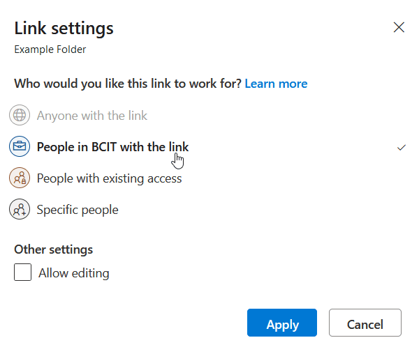 Link settings dialog showing the People in BCIT with link option second in the list