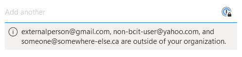 Add another email address field showing the alert about email addresses outside of our organization below