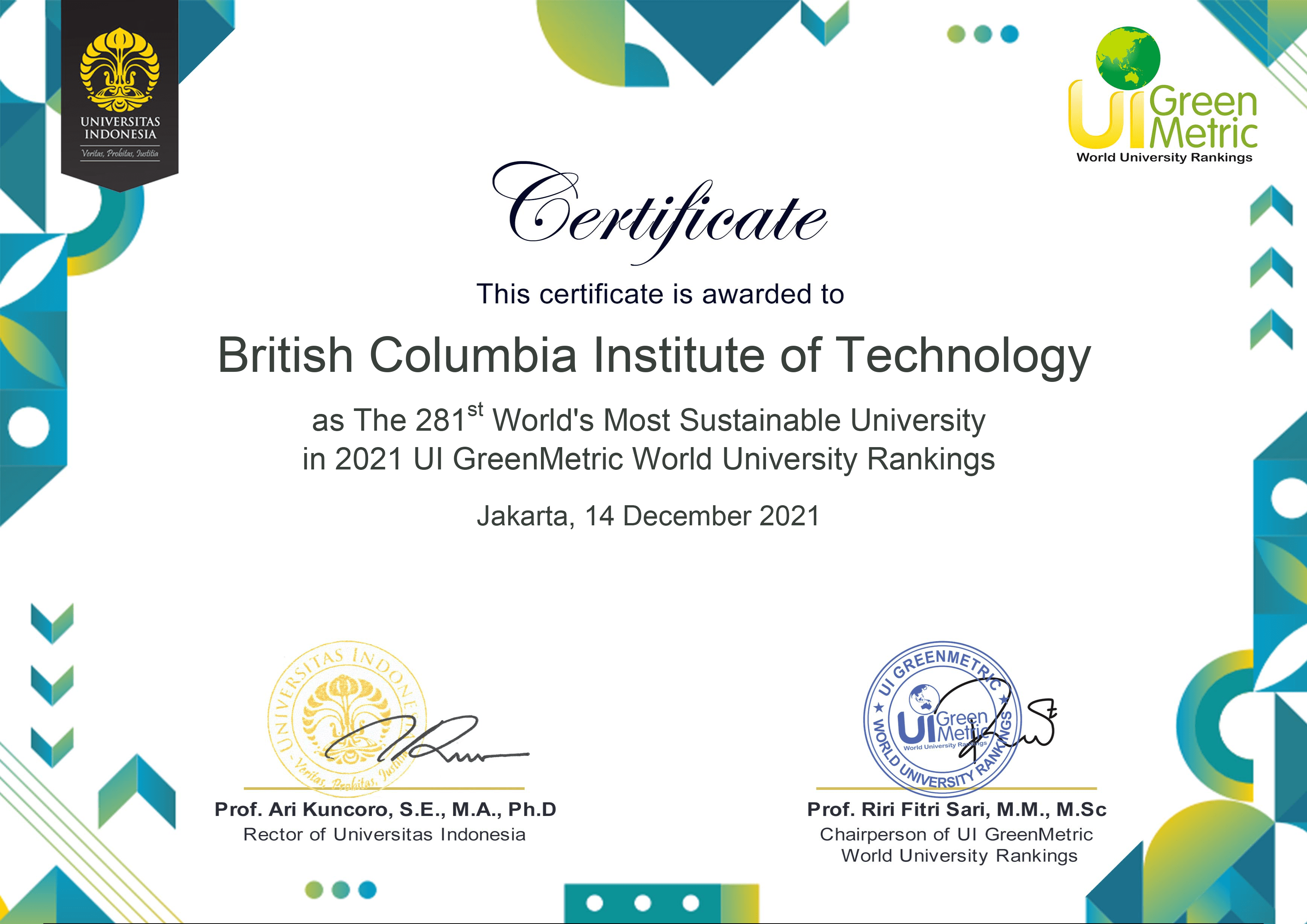 Certificate awarded to BCIT for the 2021 UI GreenMetric World University Rankings.
